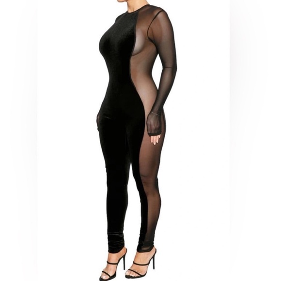 NWOT - Naked Wardrobe Black Velvet Mesh Collection Jumpsuit Size XS - Picture 2 of 3